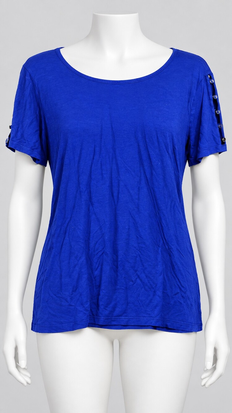 apanda Women's XL Blue Short Sleeve Top with Button Detail on Sleeves